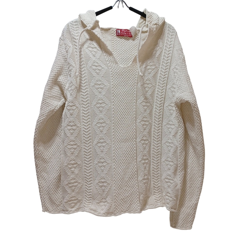 VTG Binghamton Knitting Womens M Cotton Cable Knit Hoodie Cream Capsule Coastal